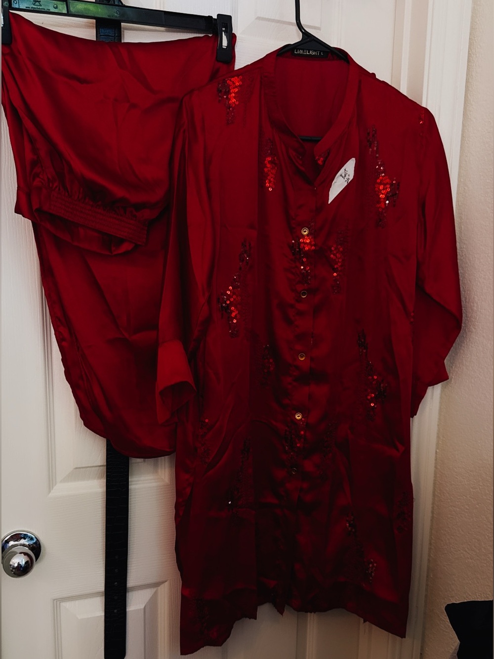 Red Satin Button-Front Embellished Tunic pant  set 2 pc size XL
